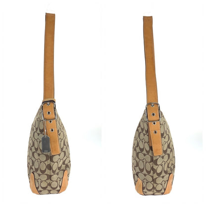 Coach Signature Beige Brown Silver Hardware Canvas Leather Hobo Shoulder Bag
