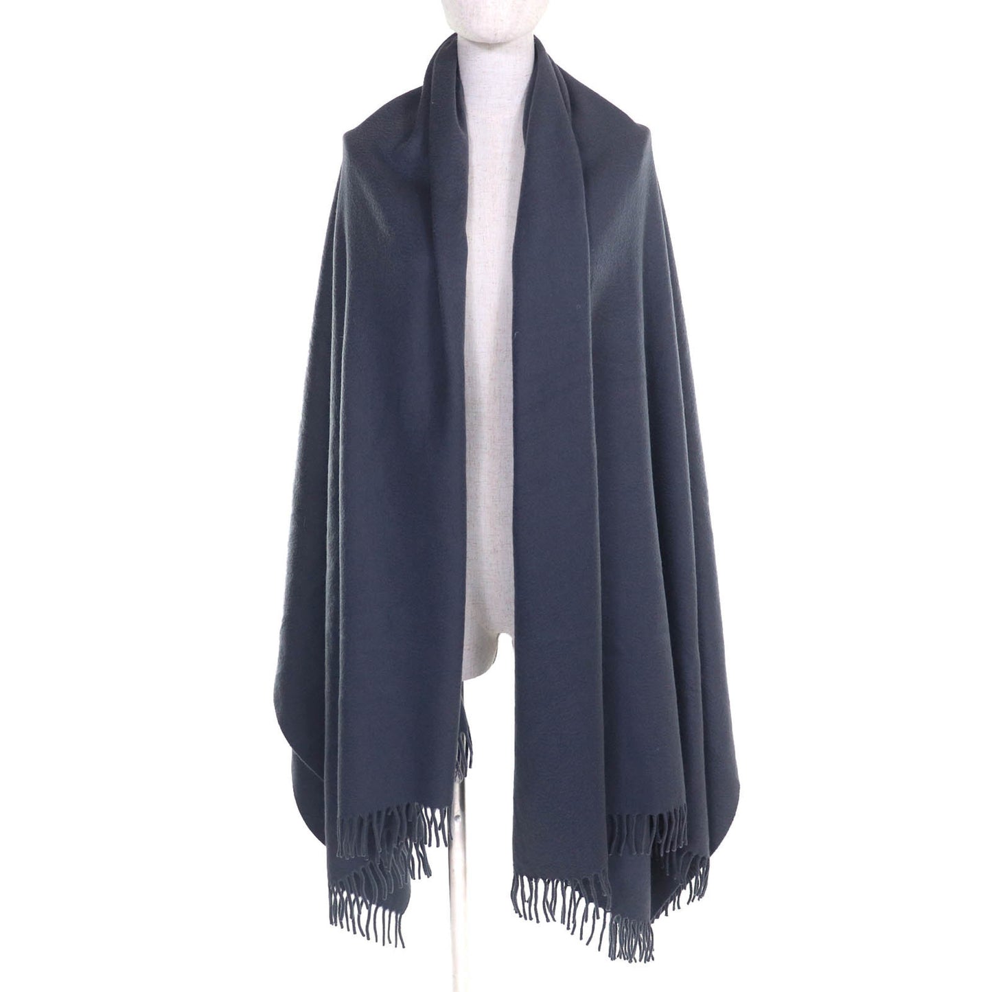 Hermes 100% Cashmere Logo Embroidered Fringe Extra Large Shawl/Stole/Blanket In Navy