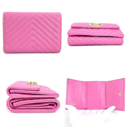 Chanel Tri-Fold Wallet Boy Chanel Caviar Skin Leather Pink Gold
