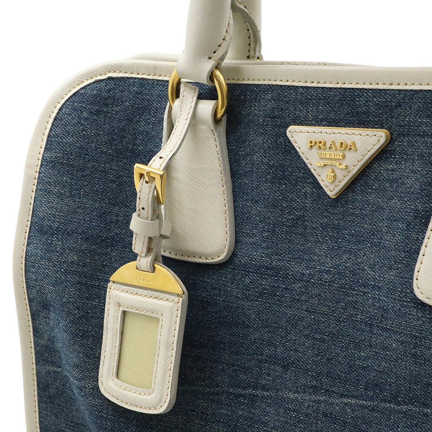 Prada Prada Triangle Handbag Tote Bag Shoulder Denim Leather Blue White Bn2254