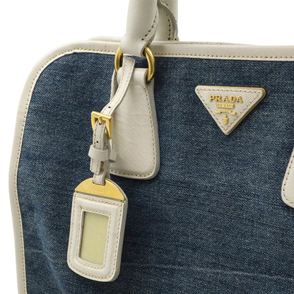 Prada Prada Triangle Handbag Tote Bag Shoulder Denim Leather Blue White Bn2254