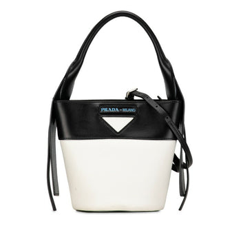 Prada Ouverture Handbag Shoulder Bag 1Be015 White Black Leather