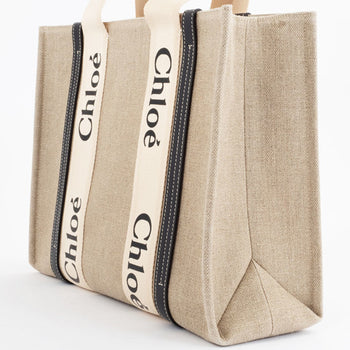 Chlo Chloe Woody Medium Tote Bag S383E66V-91J Linen White | Blue