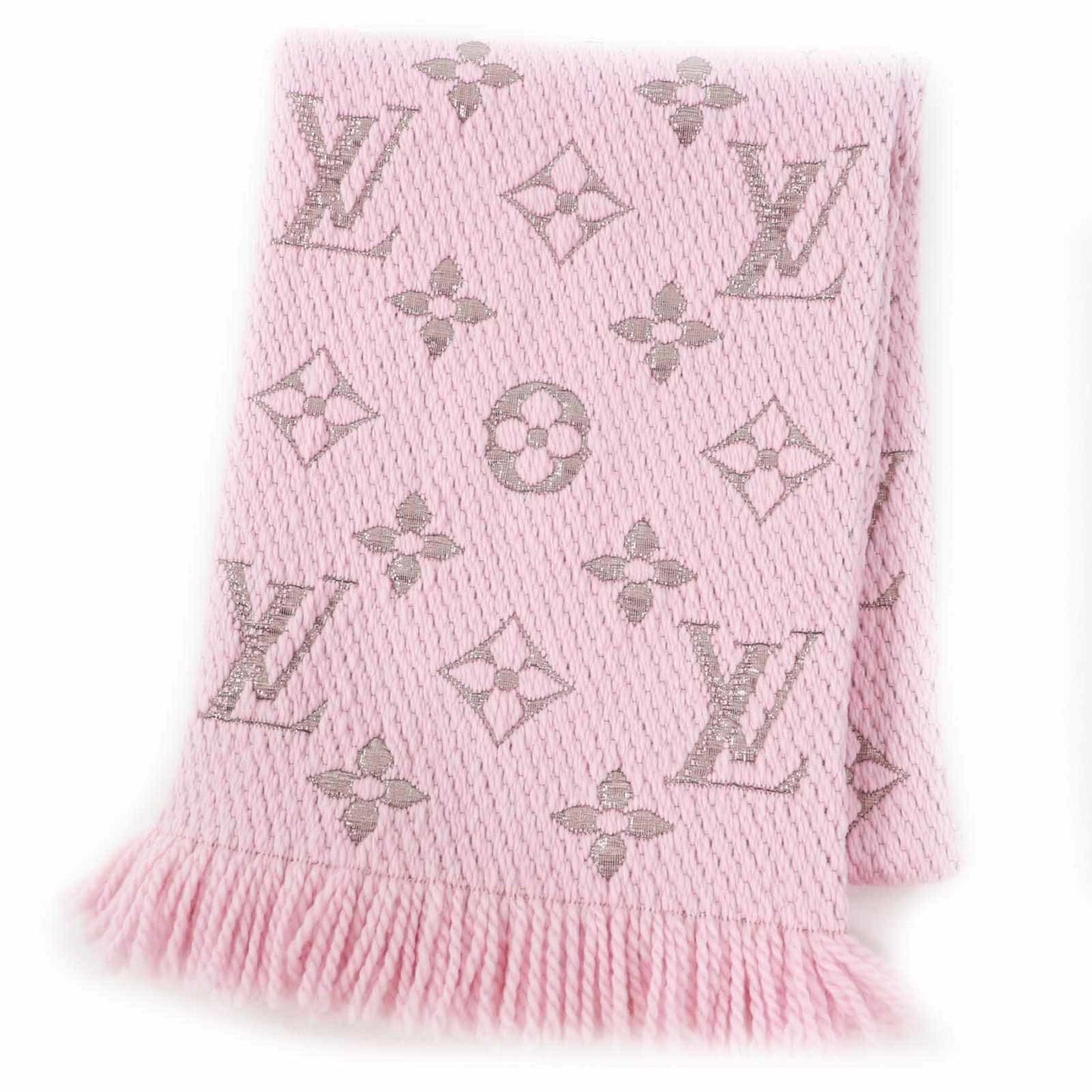 Louis Vuitton M70466 Echarpe Logomania Shine Wool And Silk Rose Ballerine Fringed Knit Scarf