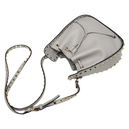 Valentino Rockstud Drawstring Shoulder Bag In Gray Leather