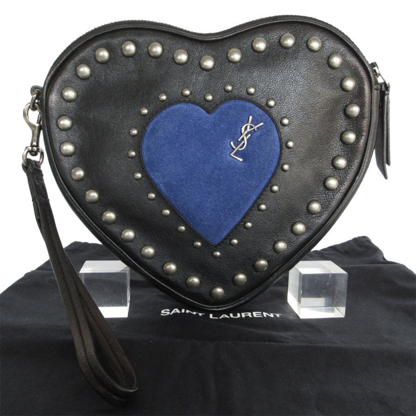 Saint Laurent Saint Laurent Clutch Bag Heart Motif Leather Suede Black Blue