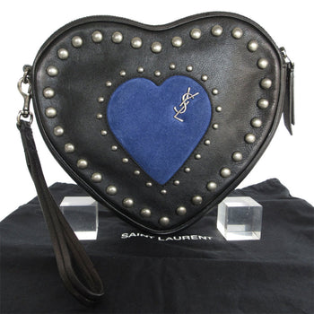 Saint Laurent Saint Laurent Clutch Bag Heart Motif Leather Suede Black Blue