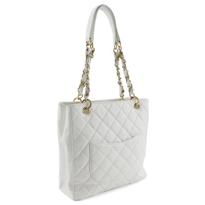 Chanel Pst Chain Tote Shoulder Bag Caviar Skin White A5 Snap Button