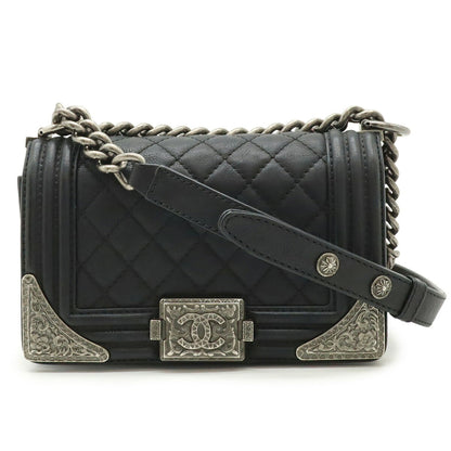 Chanel Boy Chanel Coco Mark Chain Shoulder Bag Leather Black