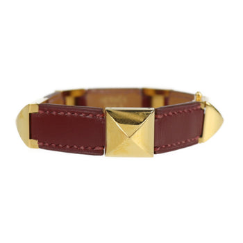 Hermes Hermes Medor Studs Bracelet Leather Red Gold ?V Engraved Metal Fittings Vintage