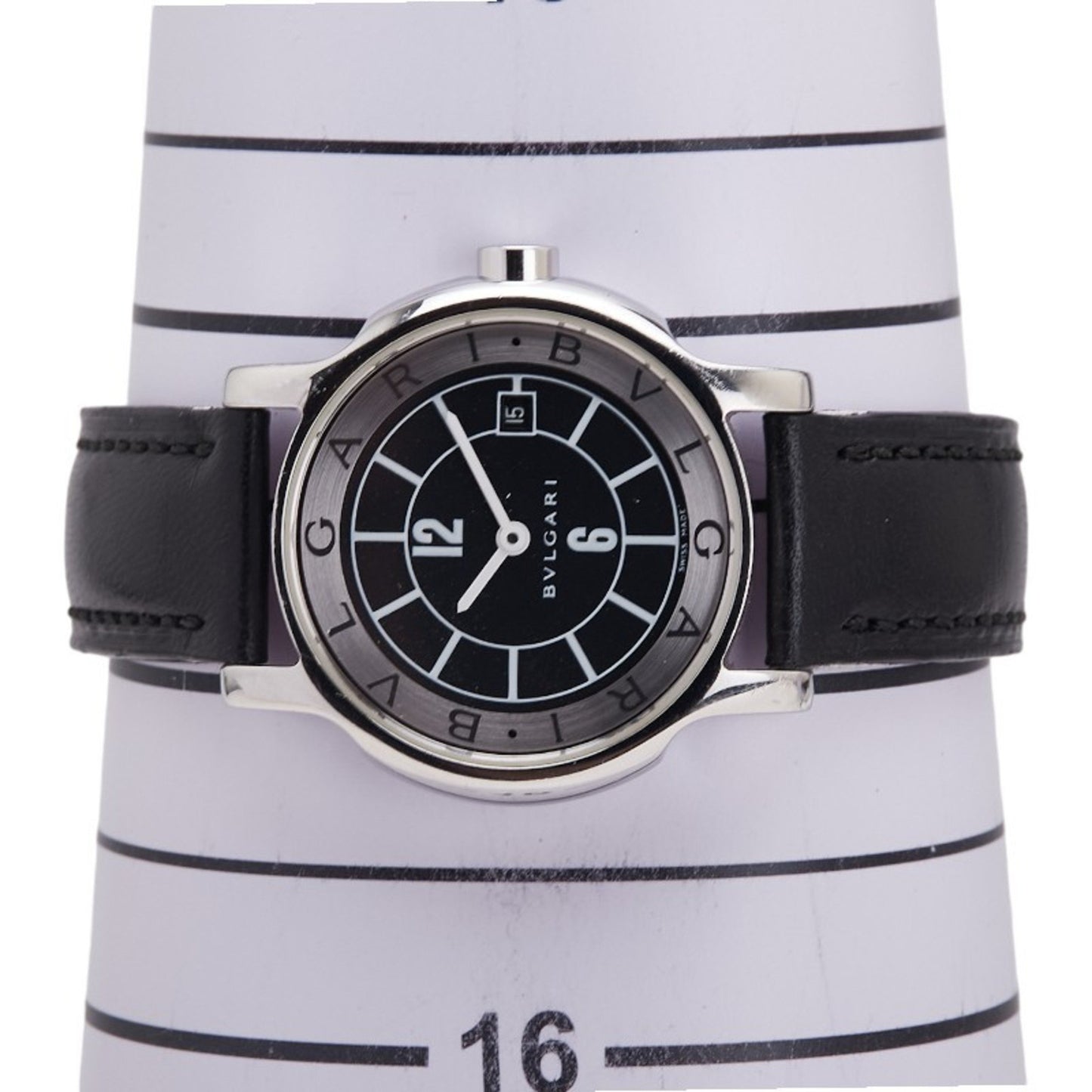 Bvlgari Solotempo Date Watch St29S Quartz Movement Black Dial Stainless Steel Leather