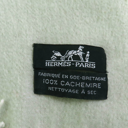 Hermes 100% Cashmere Stole/Shawl In Light Green With Embroidered Logo And Fringe