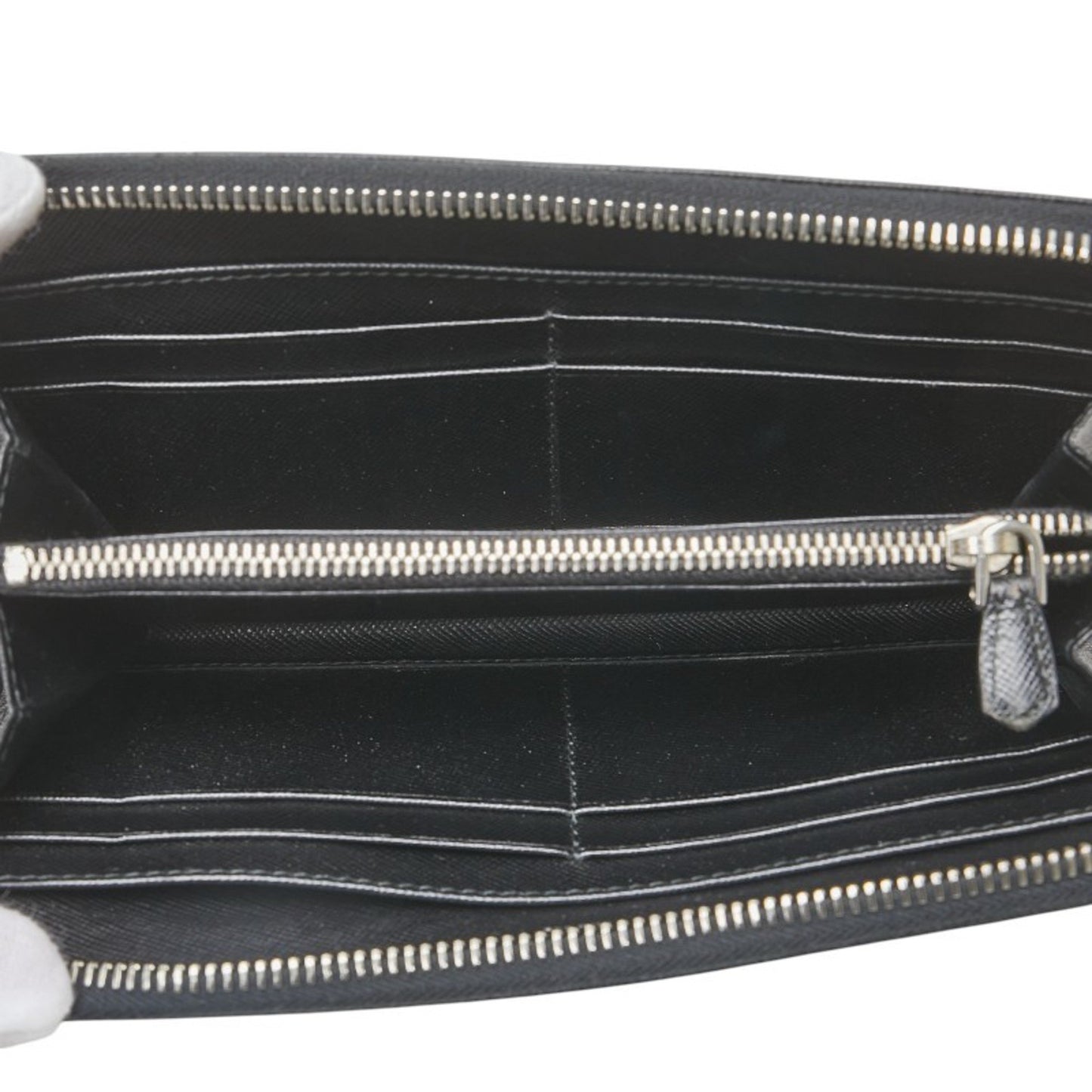 Prada Triangle Logo Plate Long Wallet Round Zipper Black Leather
