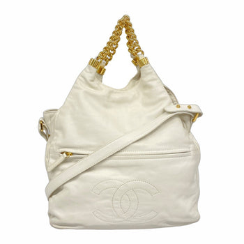 Chanel Shoulder Bag Chain Leather White 2-Way