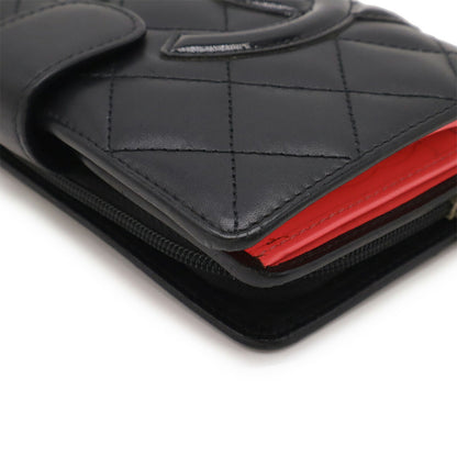 Chanel Cambon Line Coco Mark Bi-Fold Wallet Round Calf Leather Enamel Black Pink A50080