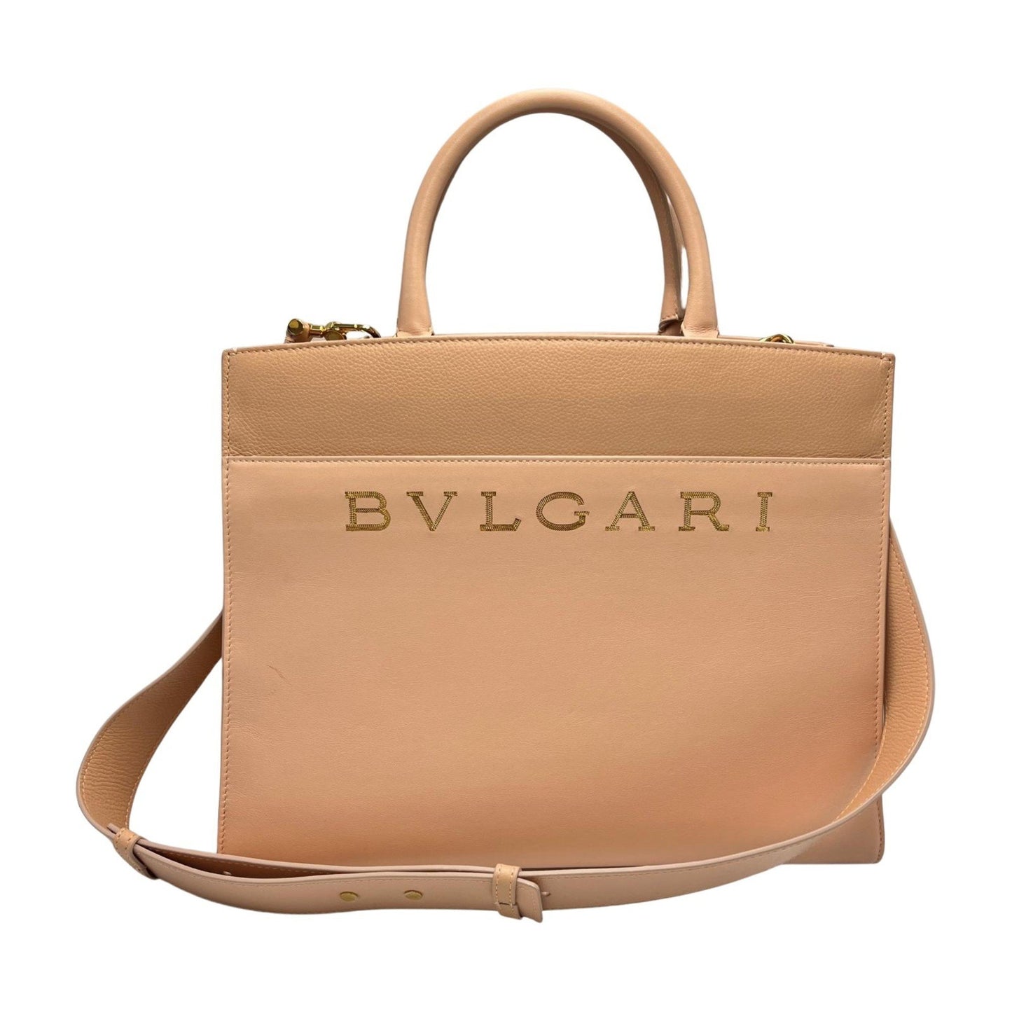 Bvlgari Tote Bag Logo 2-Way Shoulder Leather Pink Beige