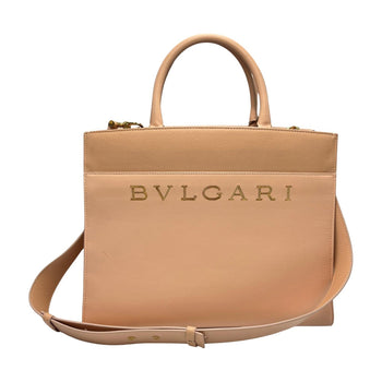 Bvlgari Tote Bag Logo 2-Way Shoulder Leather Pink Beige