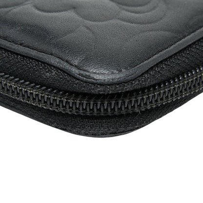 Chanel Coco Mark Camellia Round Zip Long Wallet In Black Lambskin