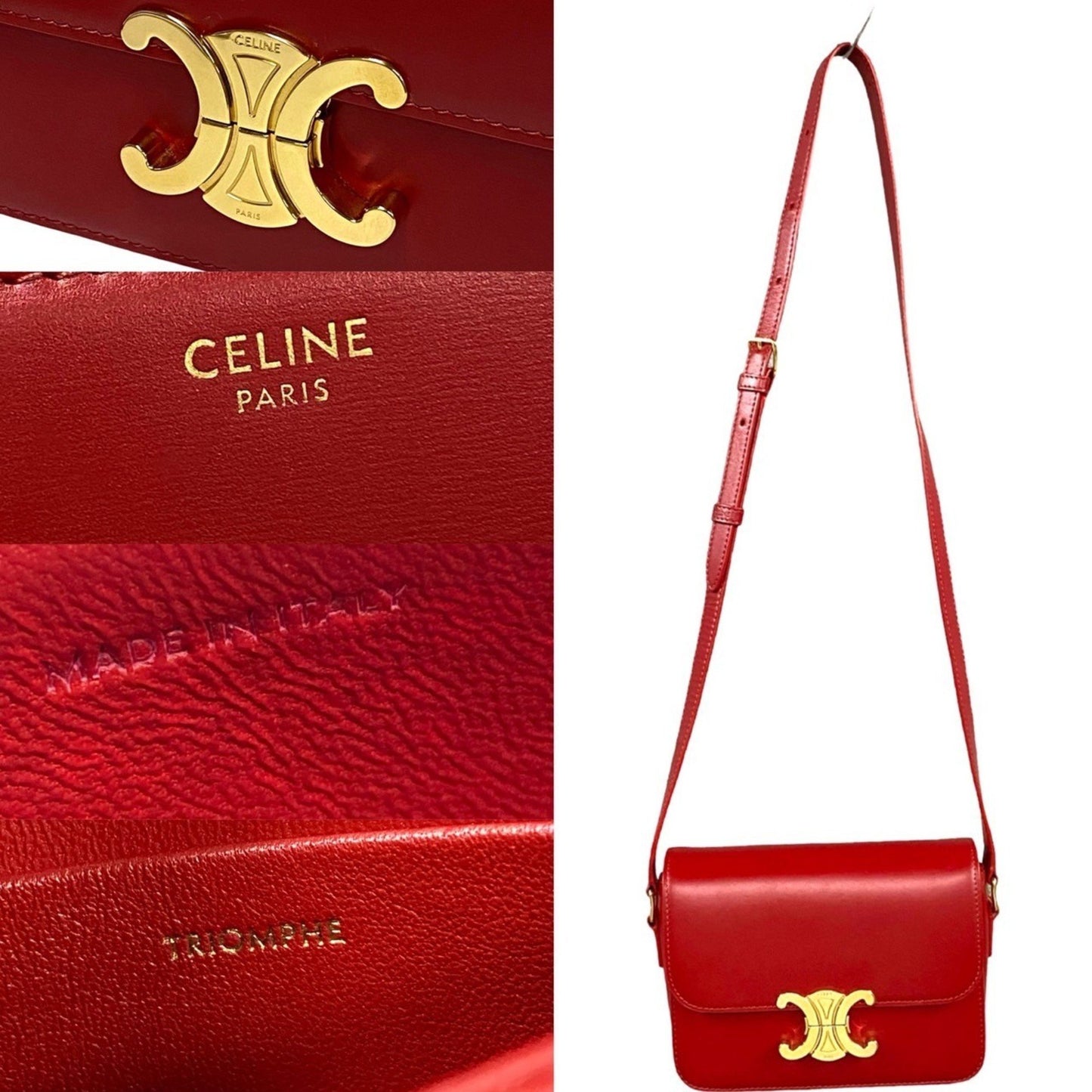 Celine Triomphe Logo Hardware Leather Mini Shoulder Bag Pochette Red 36147