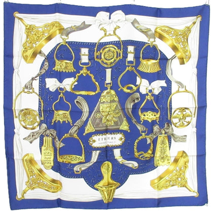 Hermes Carr 90 Etriers Stirrup Silk Scarf/Muffler Blue
