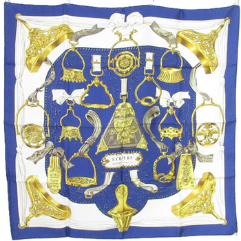 Hermes Carr 90 Etriers Stirrup Silk Scarf/Muffler Blue