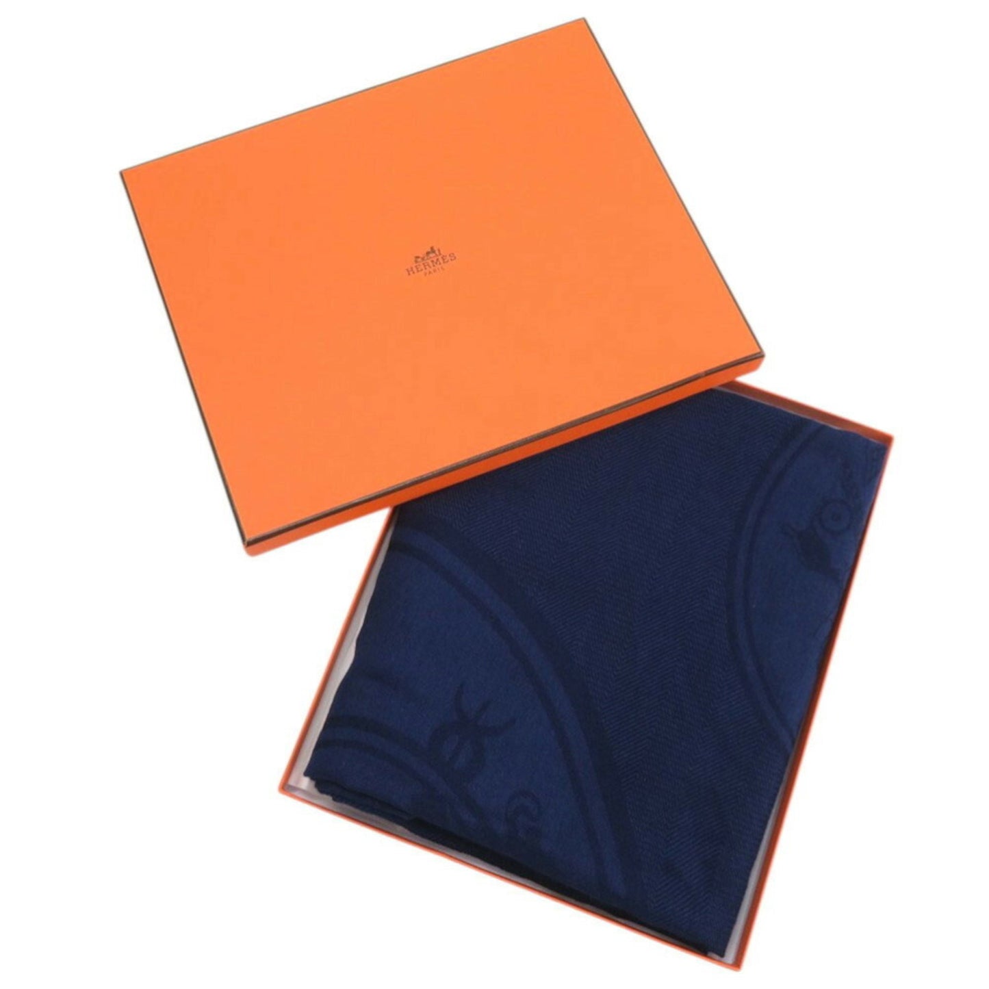 Like New Herms Carr 110 New Libris Cashmere Silk Blue Profon Scarf Muffler 1202Hermes