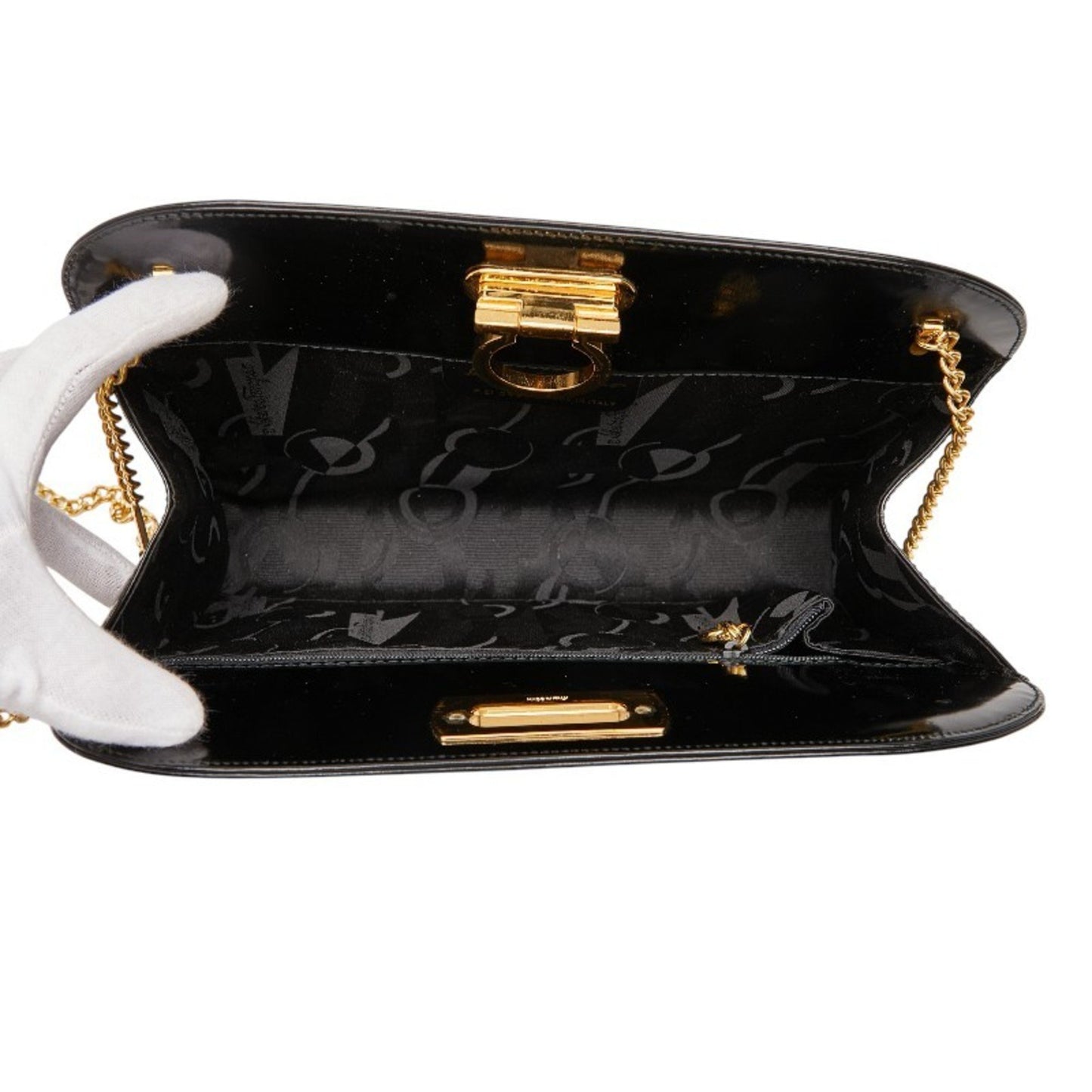 Salvatore Ferragamo Gancini Chain Shoulder Bag In Black Patent Leather