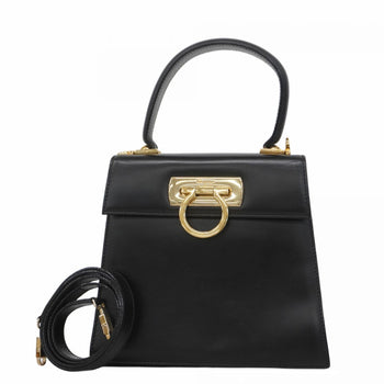 Salvatore Ferragamo Gancini Leather Handbag In Black