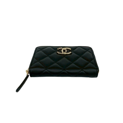 Unused Chanel Matelasse Coco Mark Rhinestone Lambskin Coin Case Wallet Black 21588