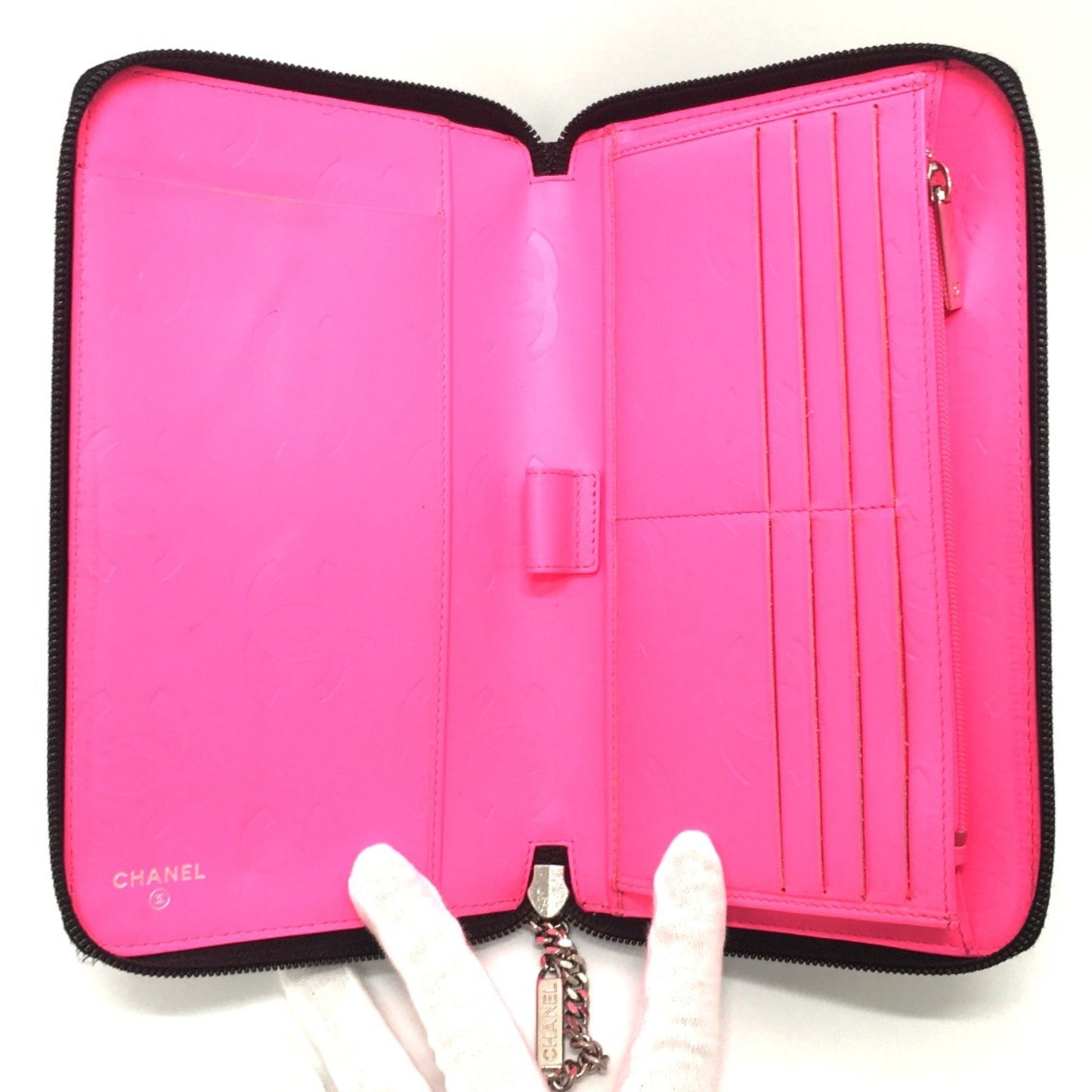 Chanel A26710 Cambon Line Zip Around Long Wallet Black X Pink