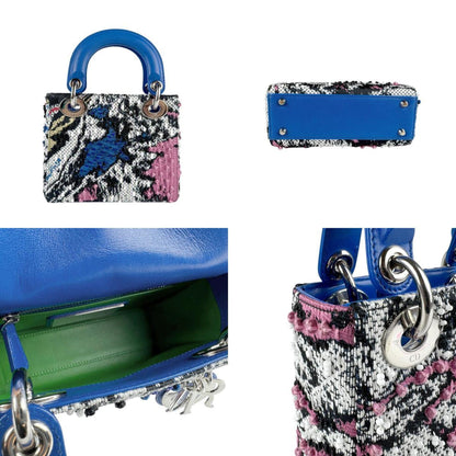 Christian Dior Handbag Shoulder Bag Lady Tweed Beads Leather Blue X Black