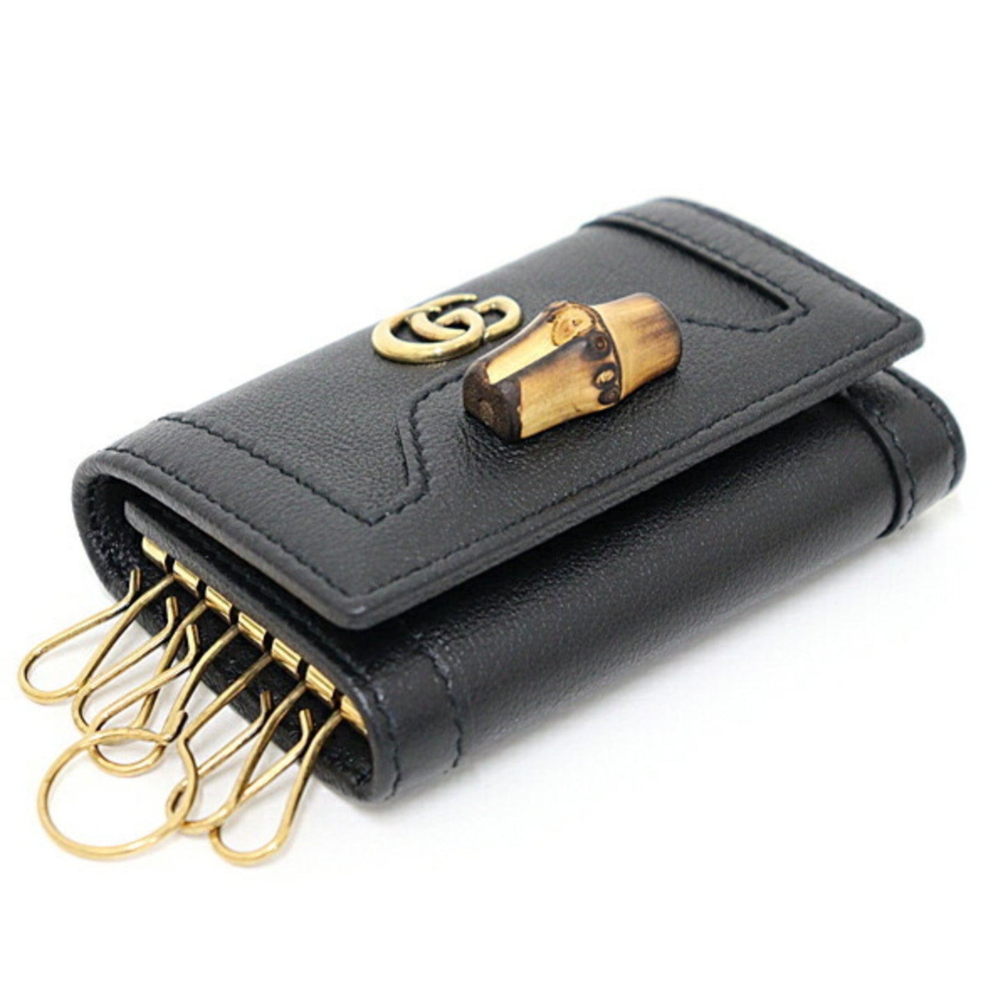 Gucci Diana Key Case Black 658636 Bamboo Leather Double G 6-Ring Unused F-04720