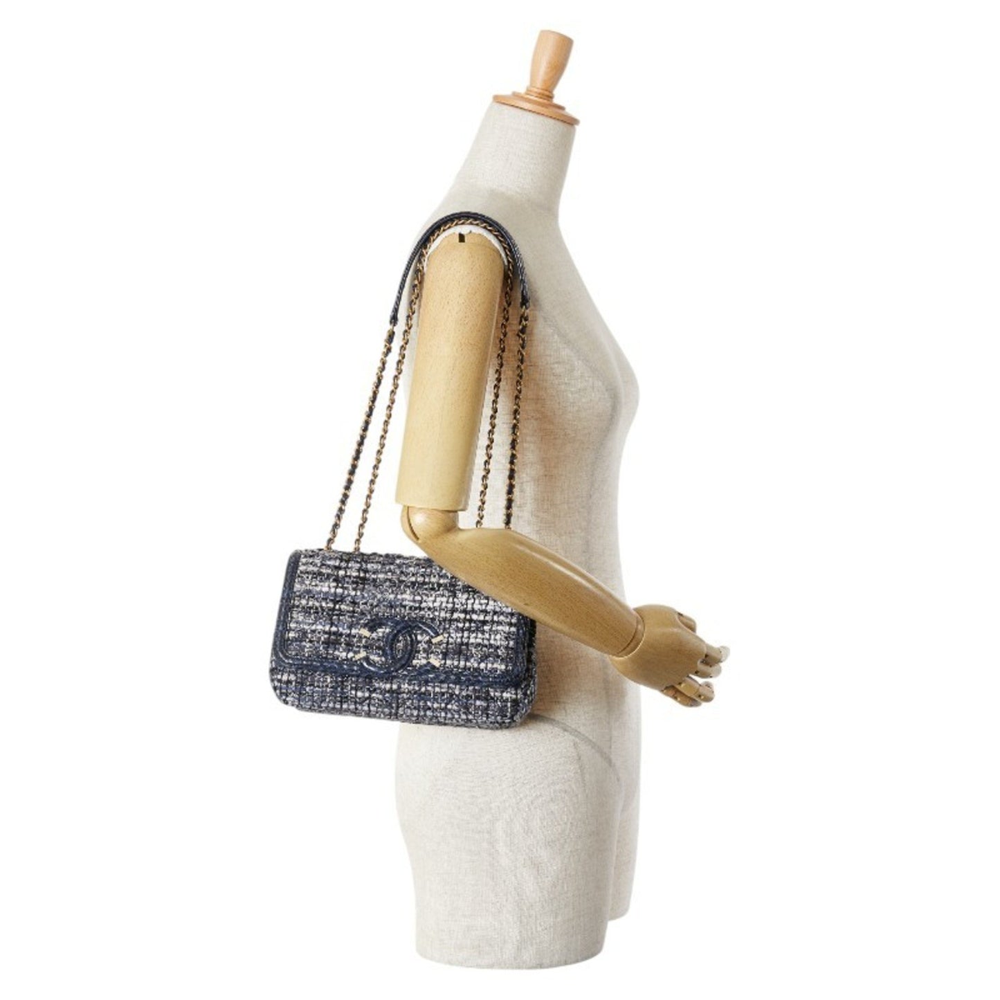 Chanel Cc Filigree Coco Mark Python Embossed Chain Shoulder Bag In Navy Tweed