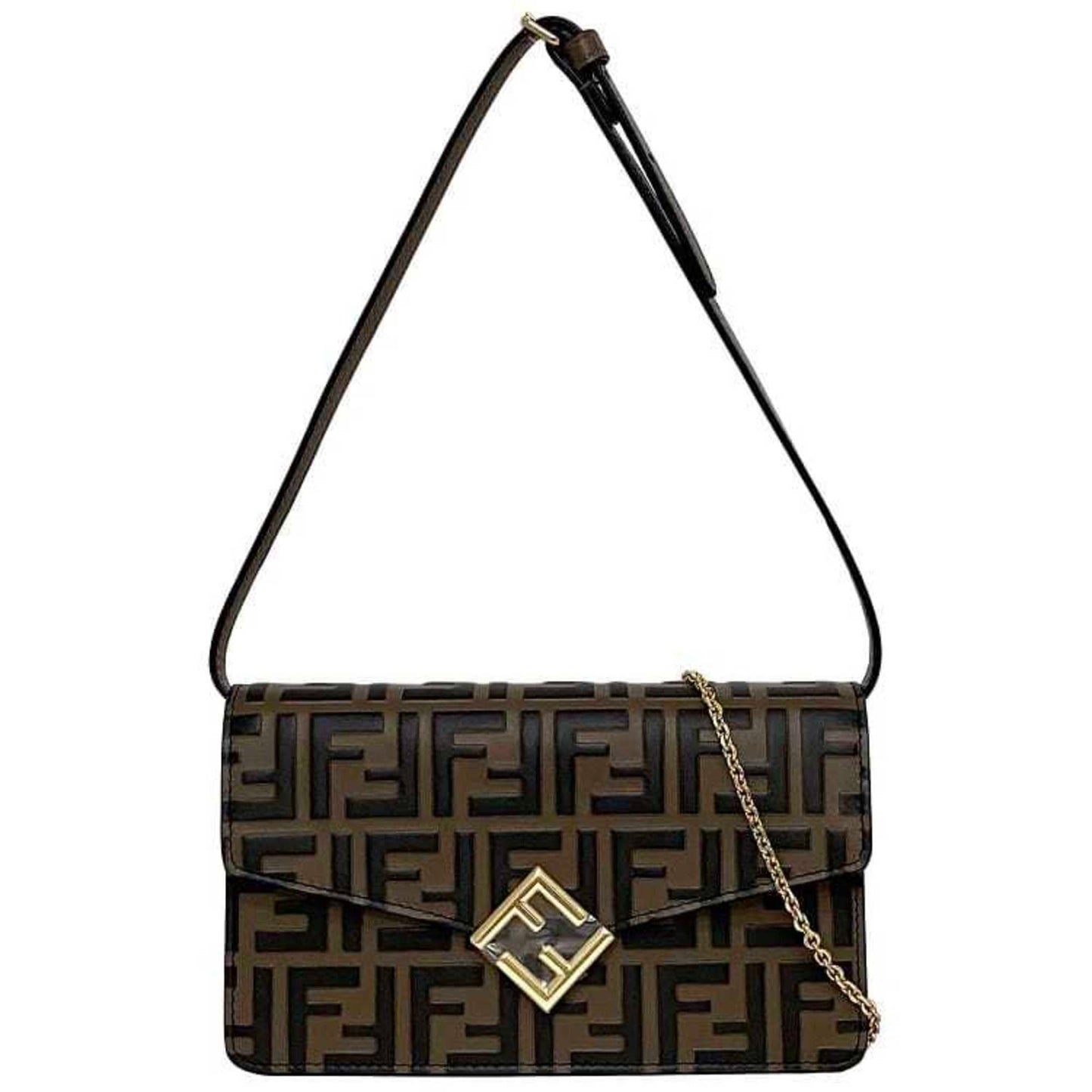 Fendi 2-Way Chain Shoulder Bag Brown Ff Diamond Zucca 8M0488 F-20403 Leather Fendi Flap Embossed