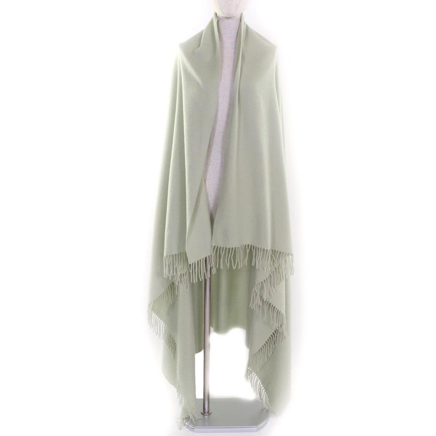 Hermes 100% Cashmere Stole/Shawl In Light Green With Embroidered Logo And Fringe
