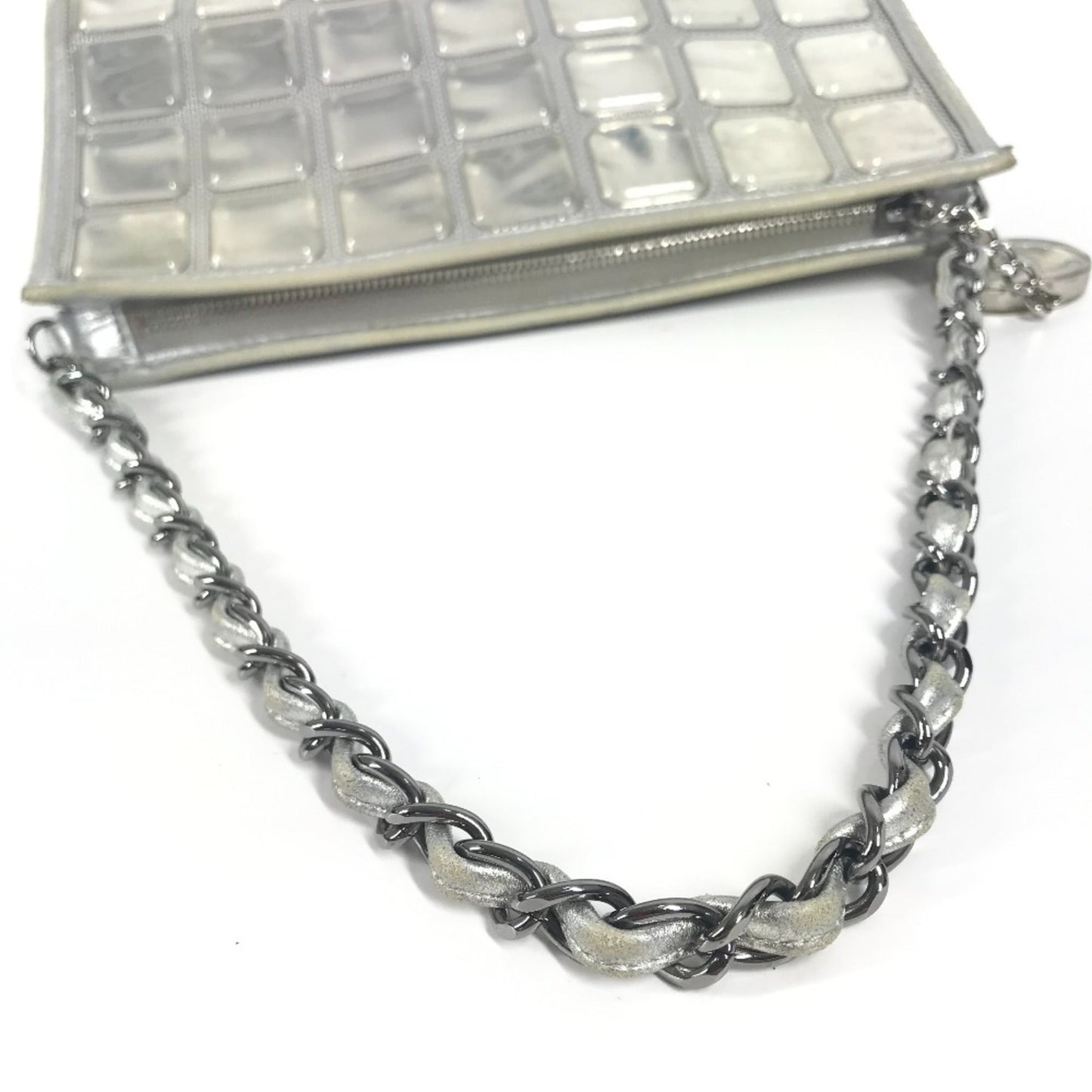 Chanel Cc Coco Mark Logo Ice Cube Chain Shoulder Bag In Silver Leather