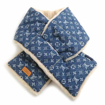 Louis Vuitton Scarf Nigo Collaboration Monogram Denim Echarpe Shearling Fur Blue X Beige