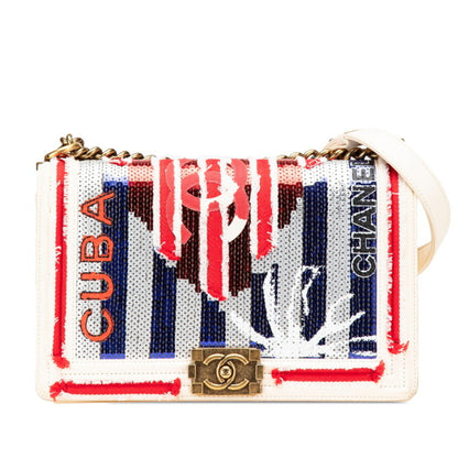 Chanel Boy Chanel Coco Mark Cuba Chain Shoulder Bag In White