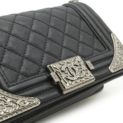 Chanel Boy Chanel Coco Mark Chain Shoulder Bag Leather Black