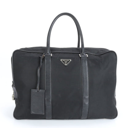 Prada Tessuto Nylon Triangular Logo Leather Boston Bag Tote Travel Black