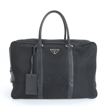 Prada Tessuto Nylon Triangular Logo Leather Boston Bag Tote Travel Black