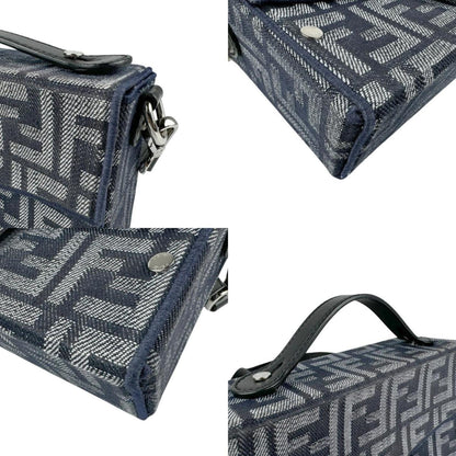 Fendi Shoulder Bag Handbag Baguette Soft Trunk Canvas Navy Silver