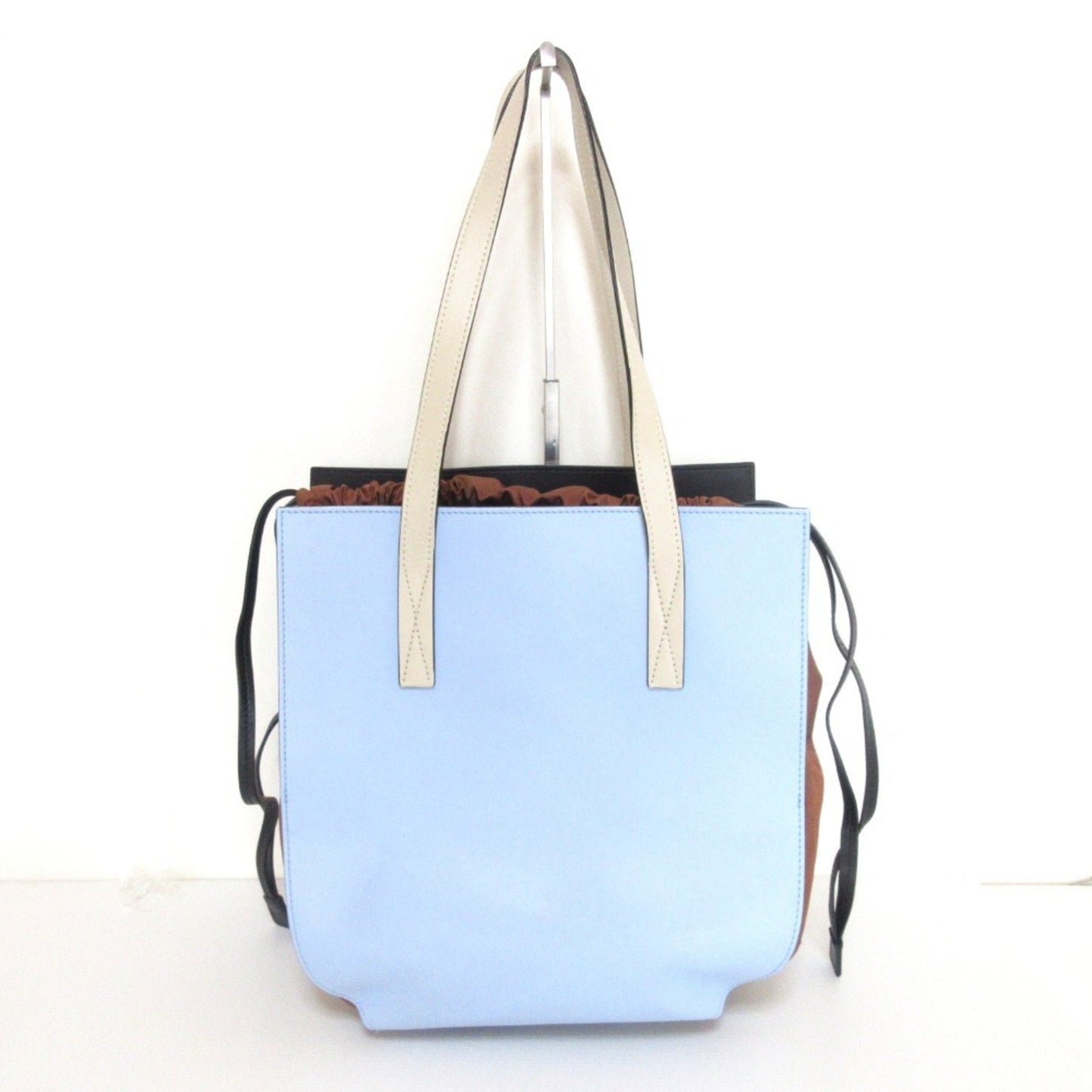 Marni Gusset Leather Drawstring Tote Bag One Shoulder Light Blue X Brown