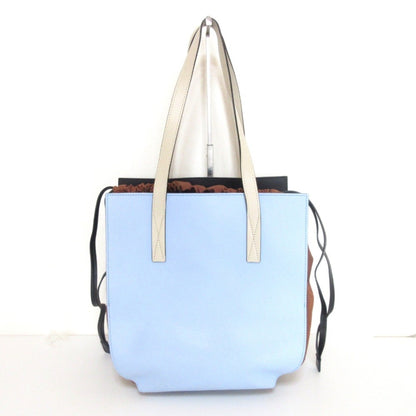 Marni Gusset Leather Drawstring Tote Bag One Shoulder Light Blue X Brown