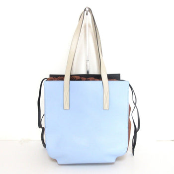 Marni Gusset Leather Drawstring Tote Bag One Shoulder Light Blue X Brown