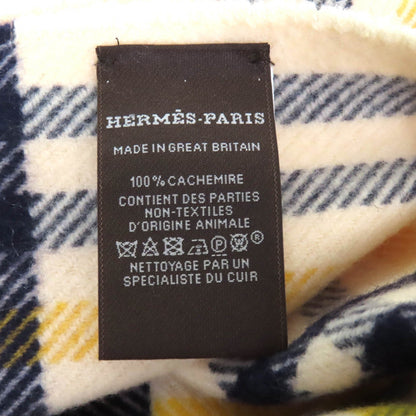 Hermes 100% Cashmere Scarf With Logo Leather Patch And Check Pattern Fringe