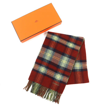 Hermes Back To School 100% Cashmere Checked Scarf With Embroidered Logo And Fringe