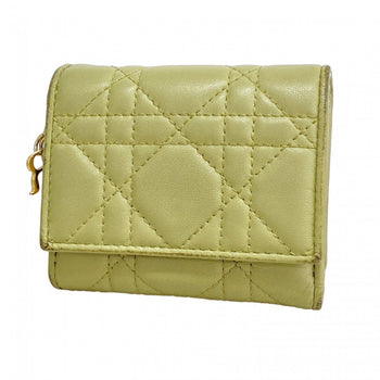 Christian Dior Tri-Fold Wallet Cannage Leather Green Champagne