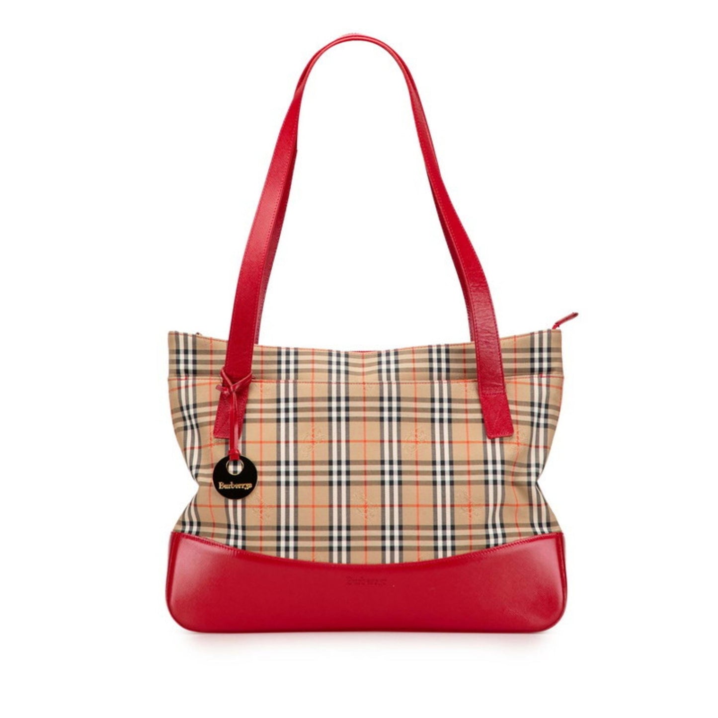 Burberry Nova Check Shadow Horse Handbag Tote Bag Beige Red Canvas Leather