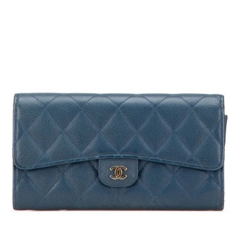 Chanel Matelasse Coco Mark Long Wallet Blue Caviar Leather